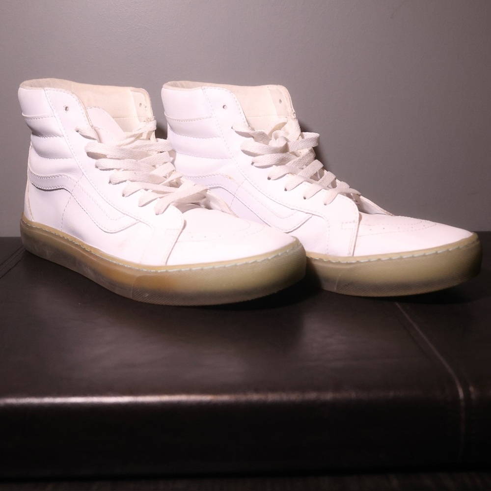 Vans White Leather Sk8 Hi Shoes Blue Sole